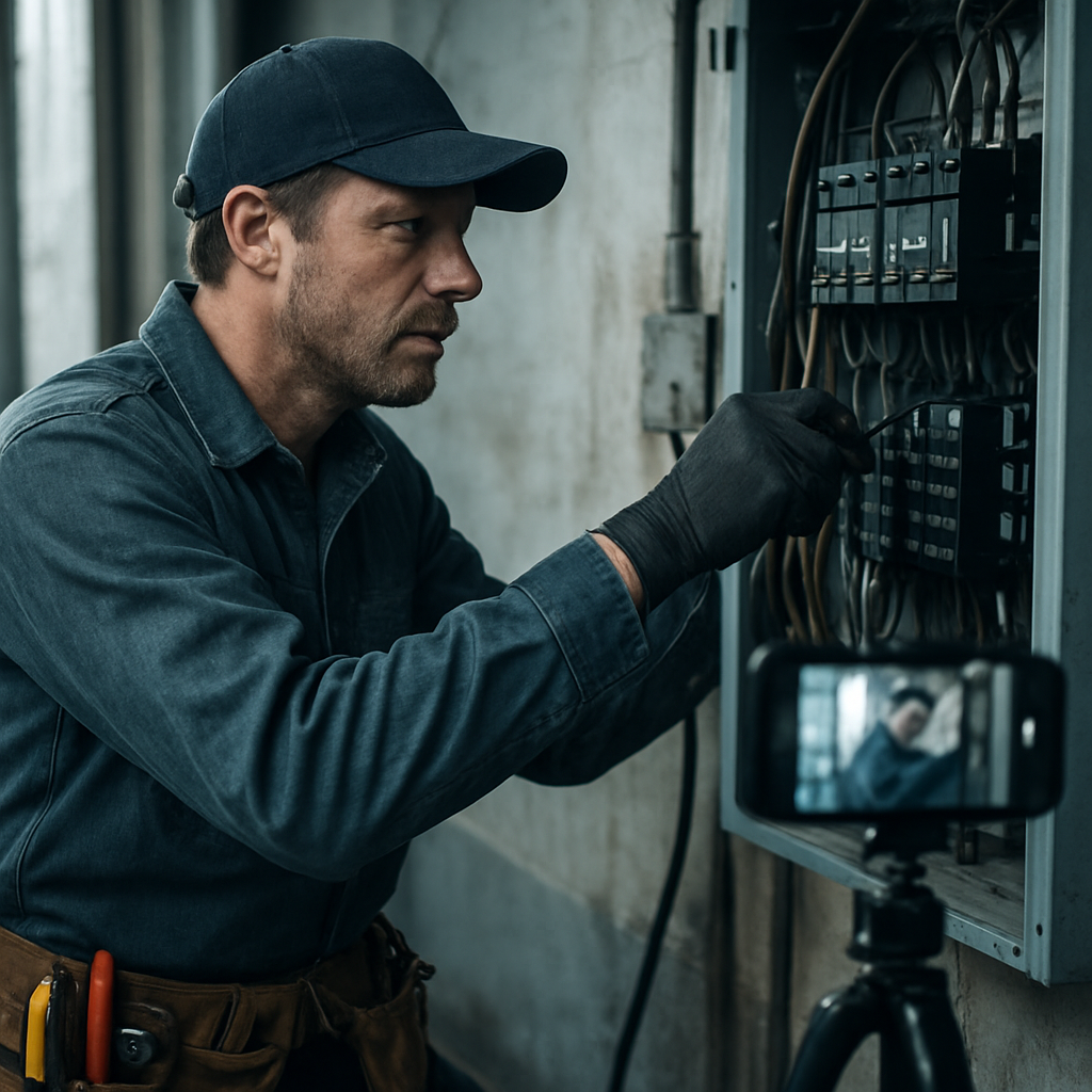 An electrician recording a training video of himself working on an electrical panel